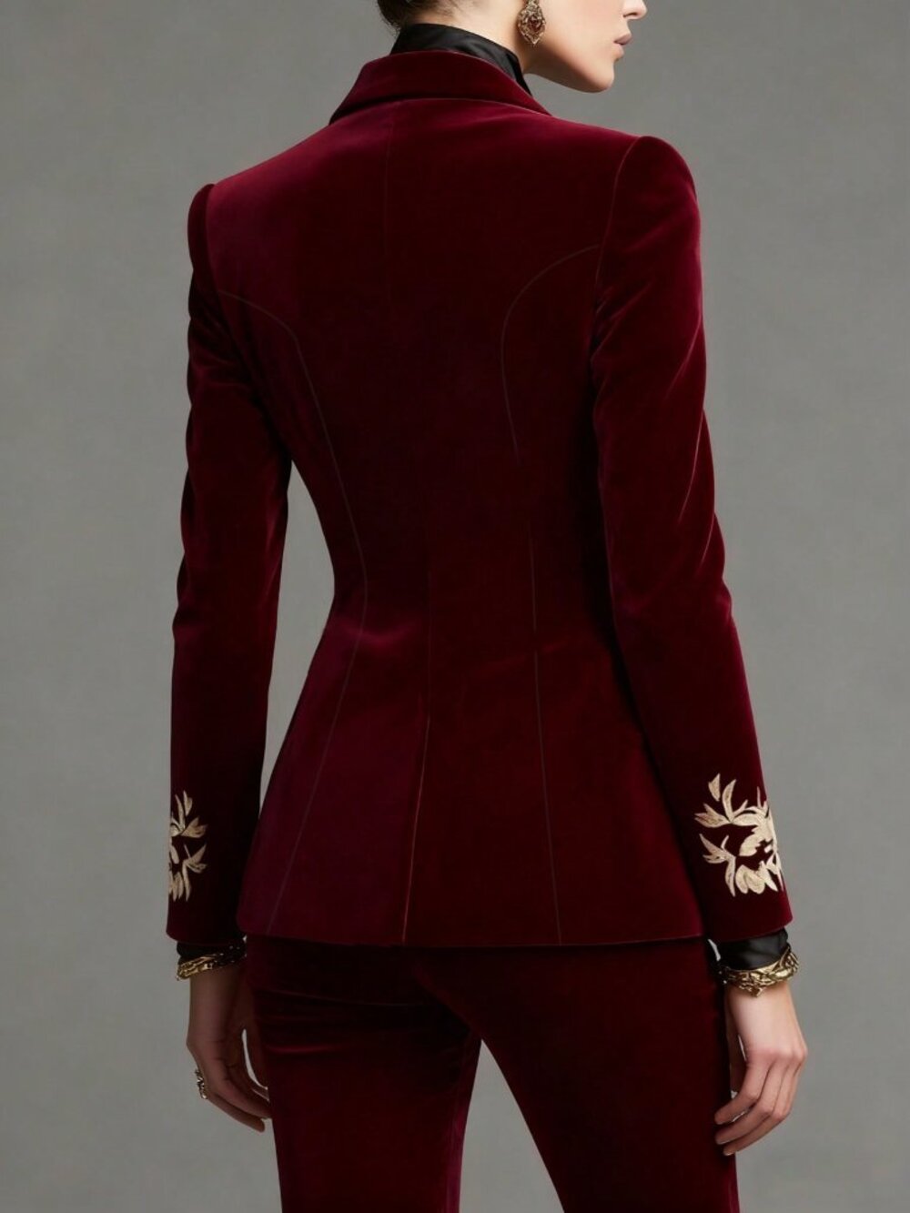 Burgundy Casual Women's Blazer Jacket, Gold Embroidery, Double-Breasted - Picture 2 of 4